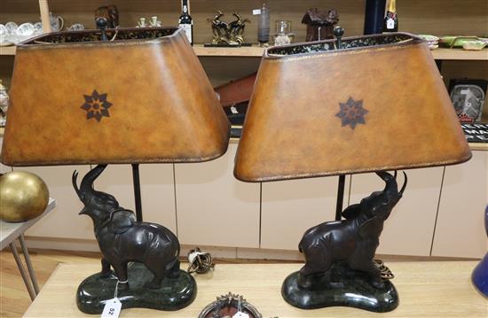 A pair of bronze elephant lamps on marble base overall height 66cm